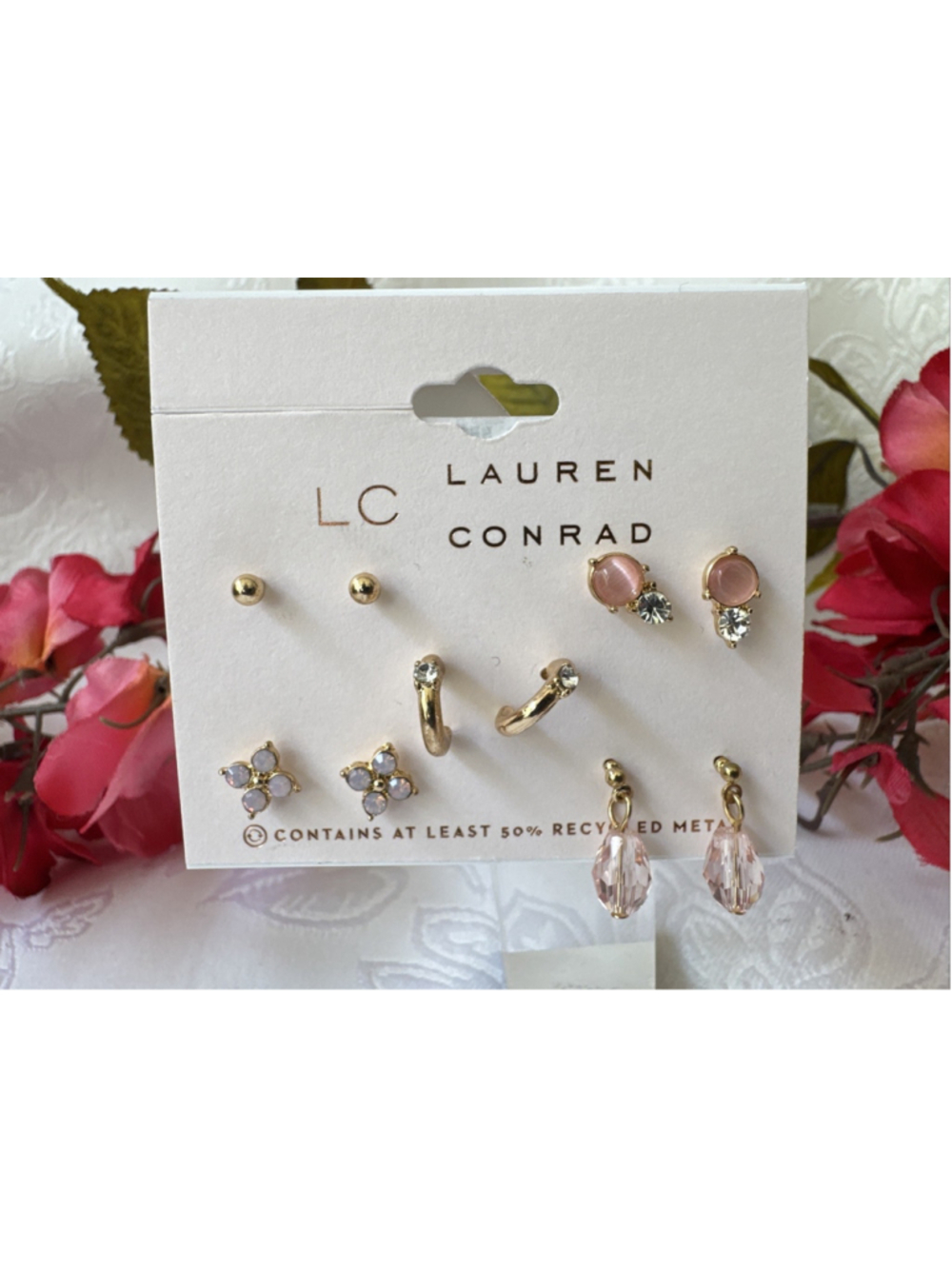 LC Lauren Conrad Set 5 Pairs Gold CZ Tiny Stud Pink Rhinestones Earrings NEW